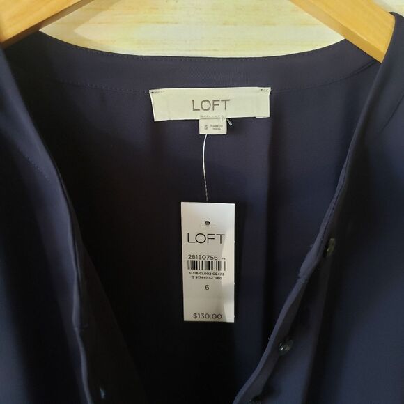 LOFT Henley Top Pleated Skirt Round Neck Cap Sleeve Dress Navy Office Size 6 - Picture 8 of 12